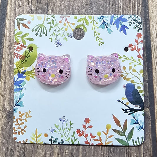 Pink Glitter Kitty Post Earrings