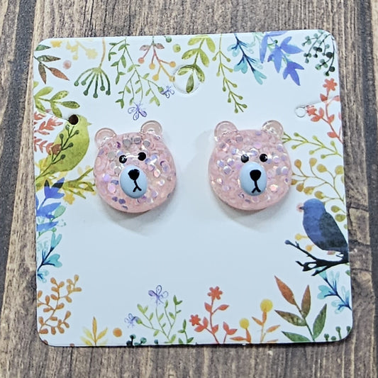 Pink Glitter Bear Post Earrings