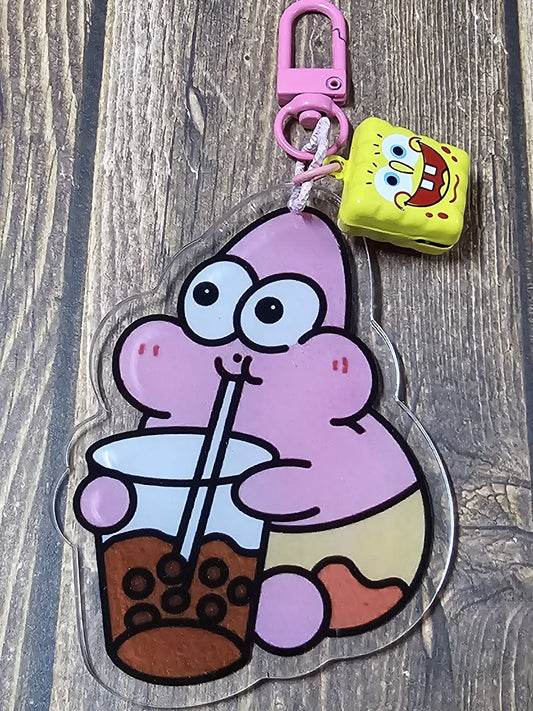 Pink Starfish Enjoying Boba Keychain with Bell