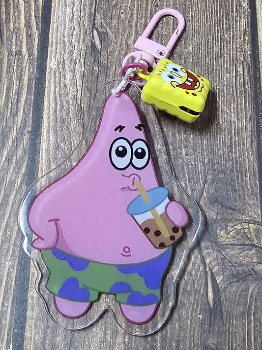 Pink Starfish Sipping Boba Keychain with Bell