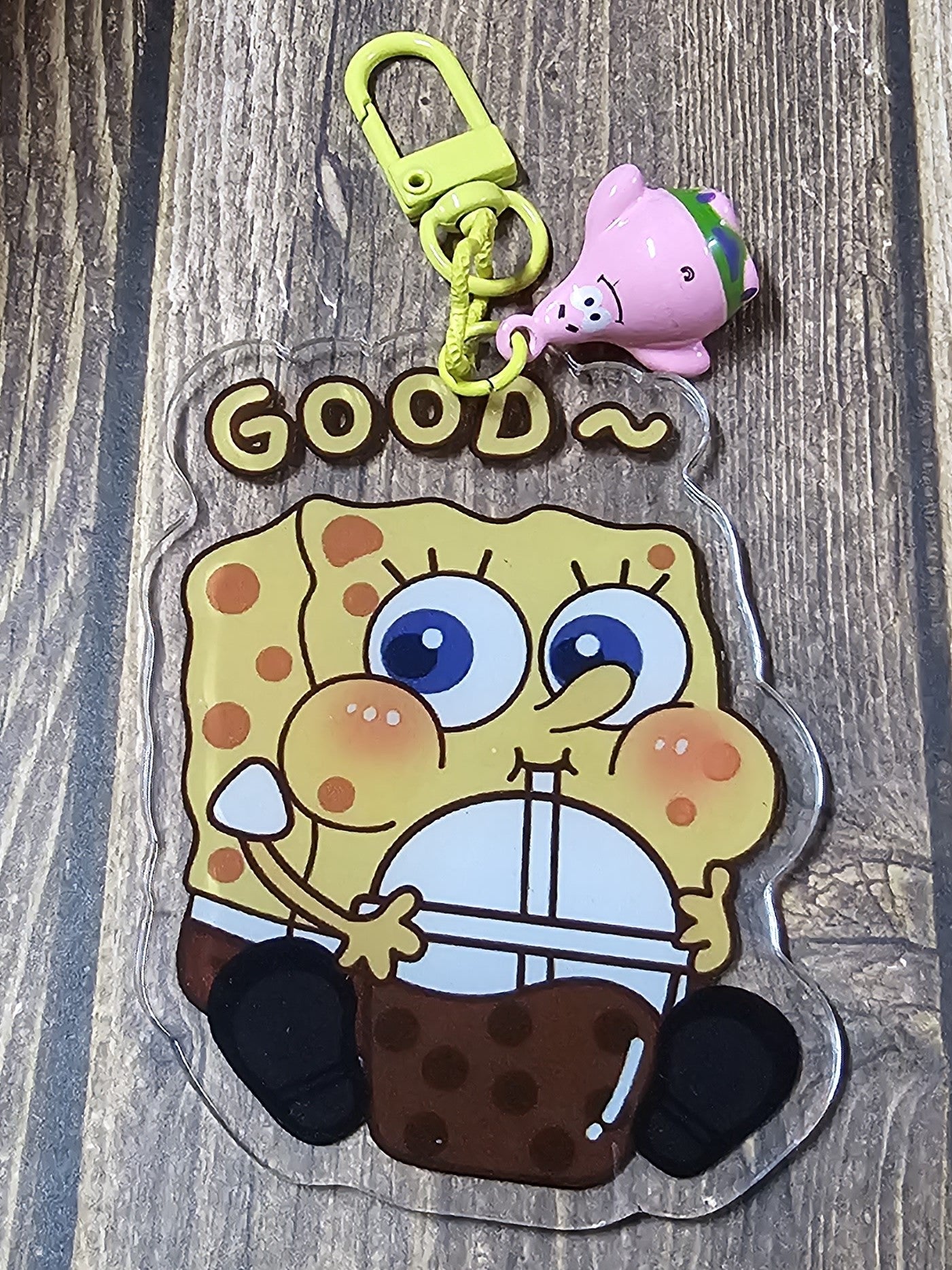 Yellow Sponge Drinking Boba Keychain with Bell